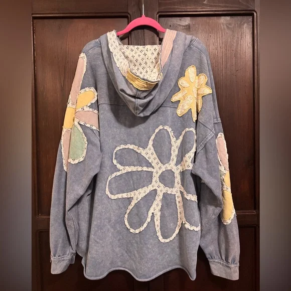Oli & Hali Floral Patchwork Hoodie Mineral Wash Jacket size XL Blue - Picture 8 of 15